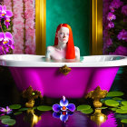 Red-haired woman in purple bathtub with water lilies and orchids
