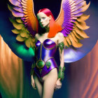 Vivid winged woman in futuristic corset on dark backdrop