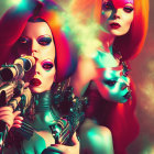 Colorful futuristic female figures with bold makeup and metallic accessories on a nebulous backdrop