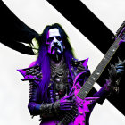 Skeletal face painting person playing double-neck guitar in metal attire