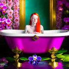 Red-haired woman in pink bathtub with purple orchids on green background