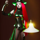 Futuristic female figure in green and black outfit with lantern and mechanical object, red hair and green