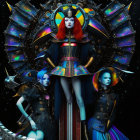 Three cyberpunk females with vibrant hair and elaborate headdresses in cosmic setting