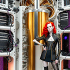 Red-haired mannequin in black dress and high boots in futuristic setting with glowing machinery.