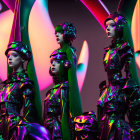 Four futuristic female figures in iridescent, structured outfits with pointed shoulder pads and sleek hats against a