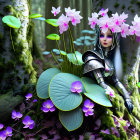 Red-haired person in fantasy costume surrounded by purple flowers in mystical forest