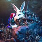 Anthropomorphic white rabbit in regal attire with sword and helmet in surreal space setting.