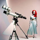 Large Telescope on Tripod with Red-Haired Mannequin