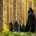 Cloaked figures in mossy forest with sunlight filtering through leaves