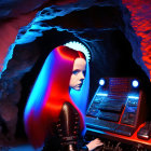 Surreal portrait with blue and red lighting, person using audio mixer in cave setting with abstract face