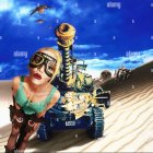 Vibrant punk-style characters in desert setting with tank in background