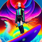 Futuristic female warrior on hoverboard in cosmic setting