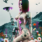 Colorful digital artwork of futuristic female figure with umbrella and metallic face sculpture among stylized flowers
