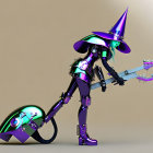 Futuristic purple-armored robot with witch hat and broom on tan background