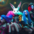 Three Women in Vibrant Body Paint and Costumes with Oversized Rabbit Head in Cosmic Setting