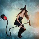 Whimsical surreal illustration: Woman in top hat, birds from cannon, mini person on vacuum