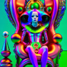 Blue-skinned woman on futuristic throne in vibrant room