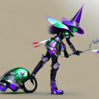 Futuristic robotic witch with broom and guitar in purple and green palette