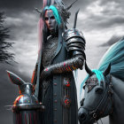 Gray-haired man in futuristic medieval armor with horse and robot under stormy sky