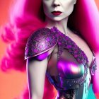 Vibrant Pink Hair, Blue Eyeshadow, Futuristic Outfit with Metallic Shoulder Armor
