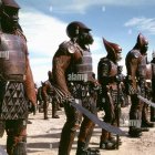 Group in ornate tribal costumes with futuristic helmets in desert landscape