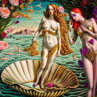 Three red-haired females in gold outfits in fantasy lake landscape