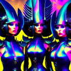 Futuristic female figures in blue and silver armor on vibrant background
