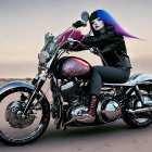 Stylized woman with blue hair on custom motorcycle with purple tank and chrome detailing against dusky sky