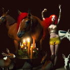Red-haired woman surrounded by animals and candles in surreal setting