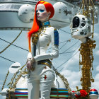 Vibrant red hair person in white and gold uniform with astronaut helmet in surreal backdrop