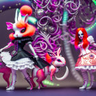 Girl in dress with robotic bunny & multi-limbed robot in colorful, futuristic scene