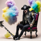 Elaborate pirate in purple chair with mace and smoke clouds