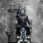 Regal figure with dark hair on ornate throne with metallic wolf on silver backdrop