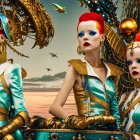 Elaborate Steampunk Costumes Against Fantasy Mechanical Backdrop