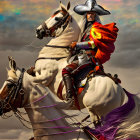 Person in historical armor on white horse with vibrant, colorful smoke background