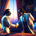 Formal attire men shaking hands at luxurious table under dim lighting