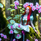 Fantasy Scene: Woman with Red Hair Surrounded by Pink Flowers in Green Forest