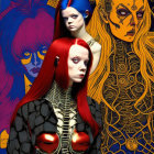 Colorful digital artwork of three women with intricate headdresses against a blue and gold patterned backdrop