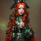 Surreal futuristic portrait of two figures with red hair in metallic armor