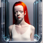 Female mannequin with red hair and pale skin in clear frame on grey backdrop