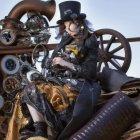 Steampunk-styled female figures with mechanical features in bronze and gold attire.