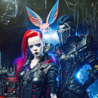 Vibrant-haired individuals in cyberpunk attire with mechanical winged creature in eerie cave