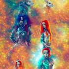 Colorful hair women in metallic outfits with surreal cosmic rabbit heads