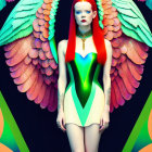 Colorful Artwork: Person with Red Hair & Winged Costume on Dark Background