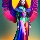 Colorful Woman in Rainbow Dress with Bird Wings and Yellow Halo Background
