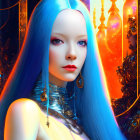 Colorful digital artwork: female figure, blue hair, cosmic background, golden ornaments