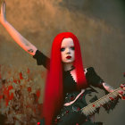 Vibrant red-haired woman with tattoos holding electric guitar in smoky setting