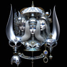Symmetrical digital artwork of female entity with mechanical and baroque elements