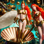 Fantastical female figures with red hair in gold and white costumes