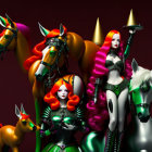 Stylized female warriors with colorful hair and fantasy armor alongside horses on burgundy backdrop